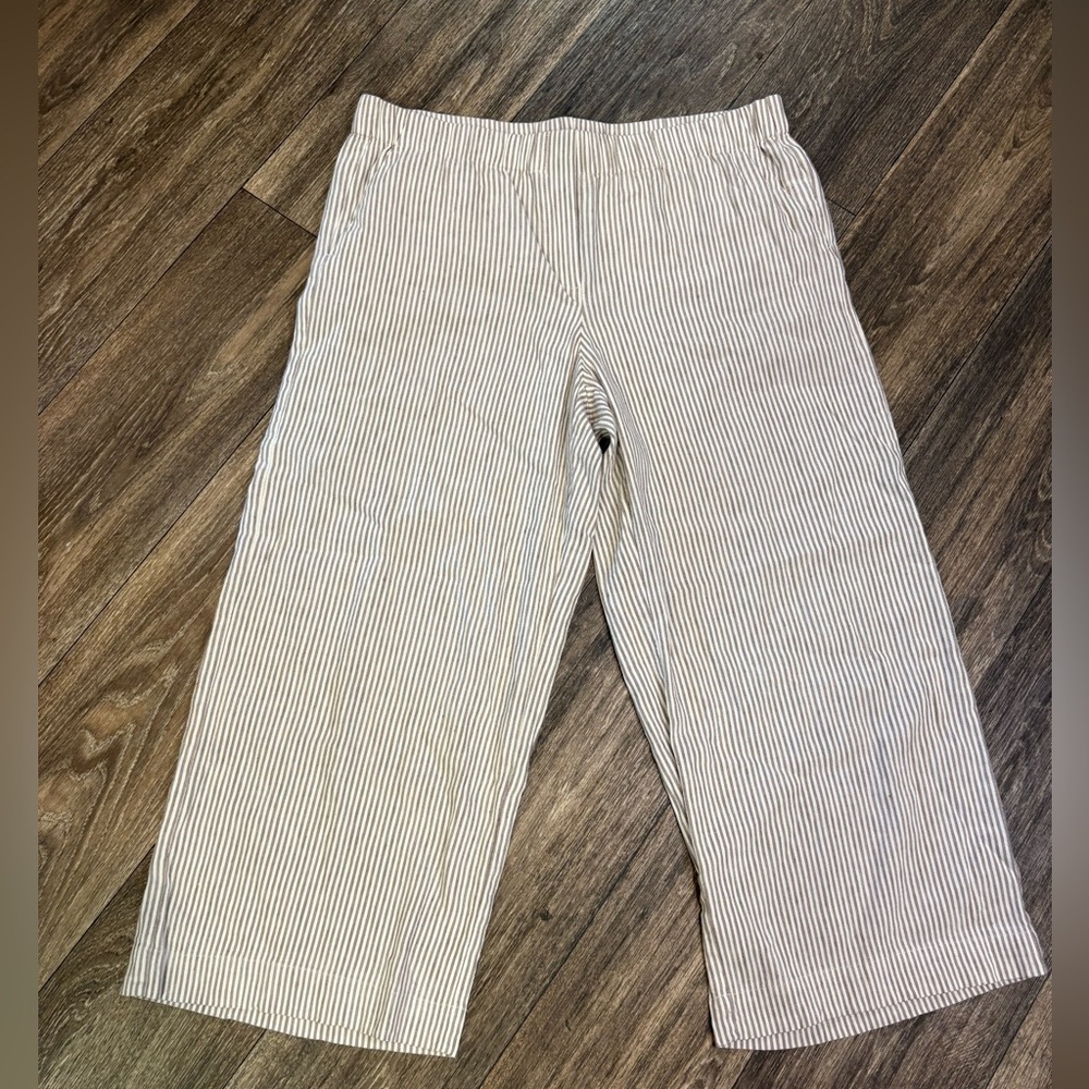J Jill Linen Wide Leg Crop Pants Brown Cream Stipe Women Medium